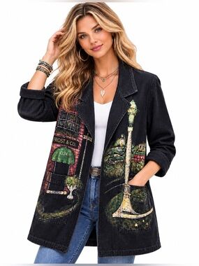 Sundance Vintage Oversized Hand Painted Black Denim Jacket Wearable Art USA made